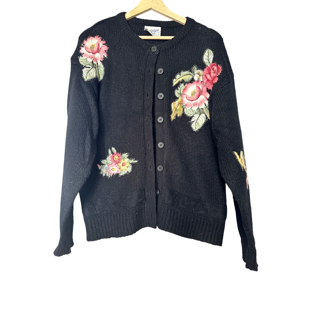 Vtg Midnight Blues Black Floral Embroidered Cardigan Sweater Women M 90s